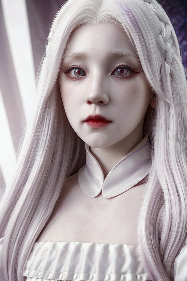 a full body woman with white hair, wearing a purple dress, (G)I-dle, 8k)), red eyes, white skin, red cherry, princess in real life, pale porcelain white skin, realistic portrait, with white hair, soft portrait shot 8 k, artwork in the style of guweiz, red wig, hyper realistic anime, with long white hair, dark red eyes, princess dress, red, purple dress