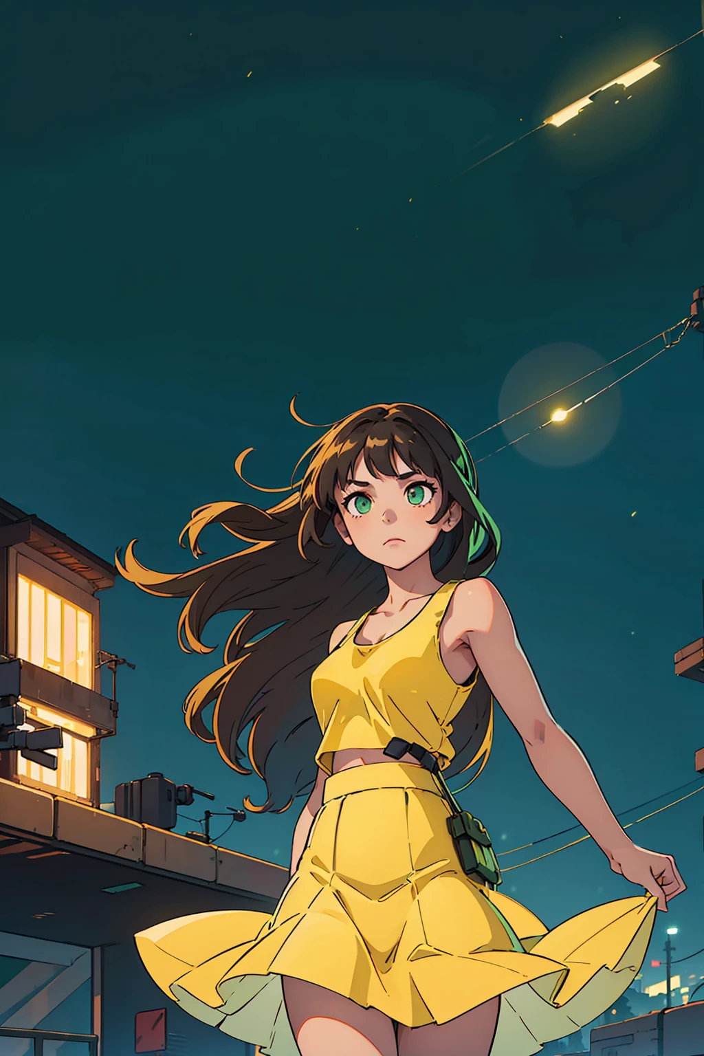 (modern, atmospheric, alone), girl, (brown skin), medium tits, sitted, (yellow skirt with white details, black tank top), green eyes, dark green long hair, night background, perfect, max quality