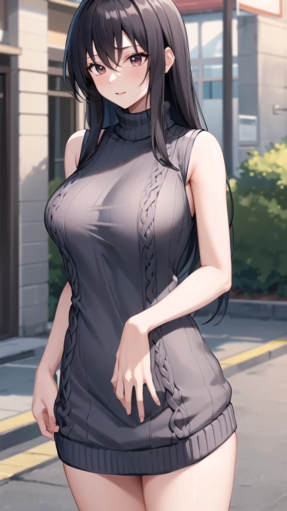 masterpiece, best quality, highres, aaraynare, long hair, black hair, standing, sweater dress, turtleneck, sleeveless, virgin killer sweater, street, cowboy shot,