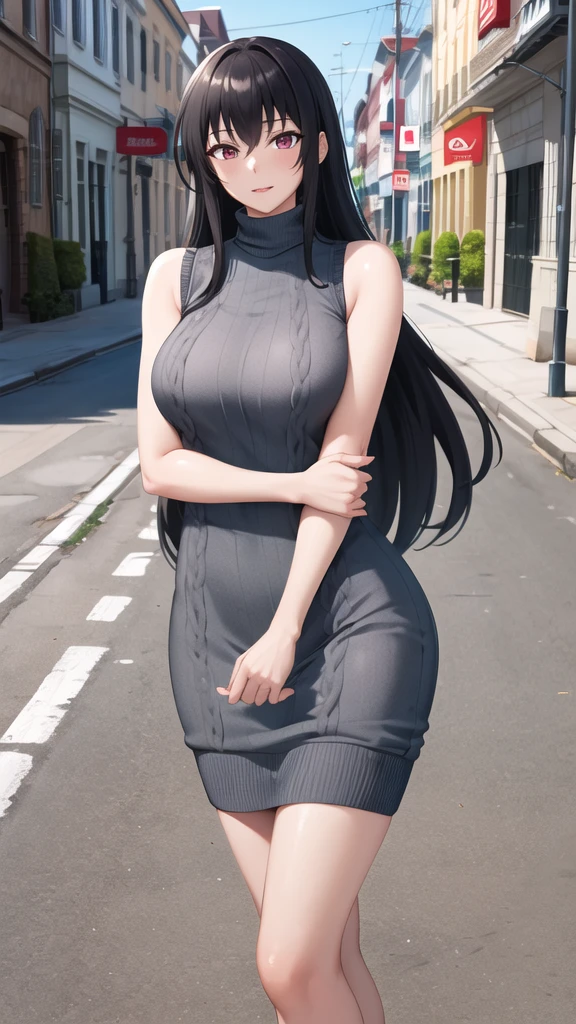 masterpiece, best quality, highres, aaraynare, long hair, black hair, standing, sweater dress, turtleneck, sleeveless, virgin killer sweater, street, cowboy shot,