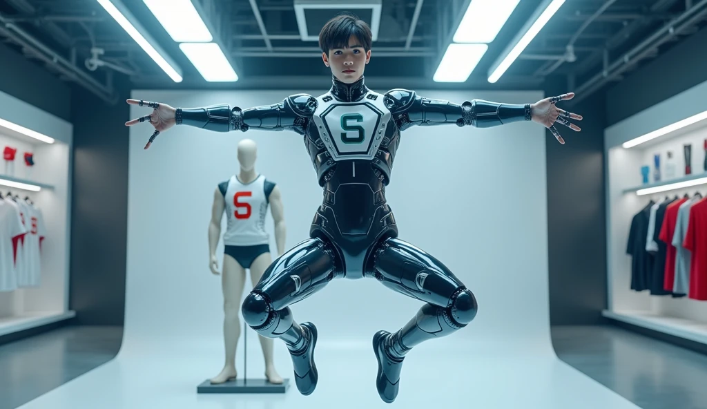 Masterpiece, best quality, (realistic Photos),15 years old ,1 guy , A cute young Thai-korean teenage man wearing a futuristic transparent superhero costume, with jets on his legs , standing at MRT station 