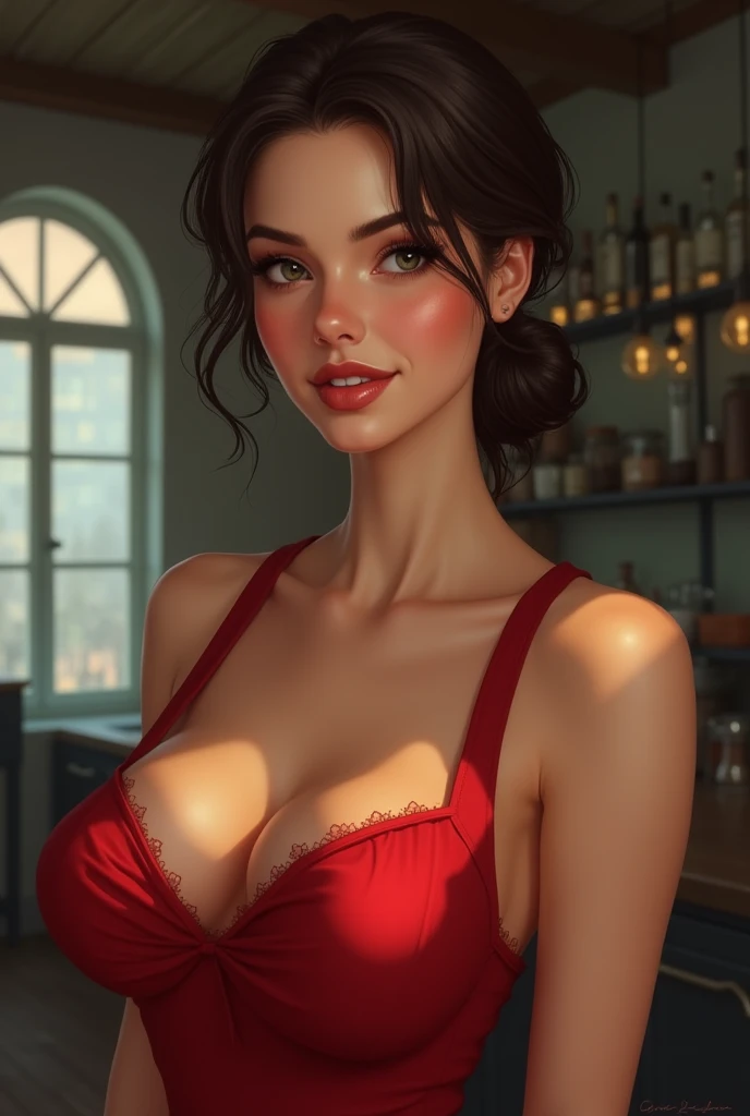 ((Meilleure qualité)), ((chef-d'œuvre)), (détaillé), visage parfait rond, Femme libanaise de 36 ans, grain de beauté près de l'œil gauche, NSFW, coupe courte de style pixie, cheveux chatains clairs, cheveux en mèches, cheveux bouclés, Hanches larges, hanches et cuisses pleines, souriant, large sourire, anneau dans le nez