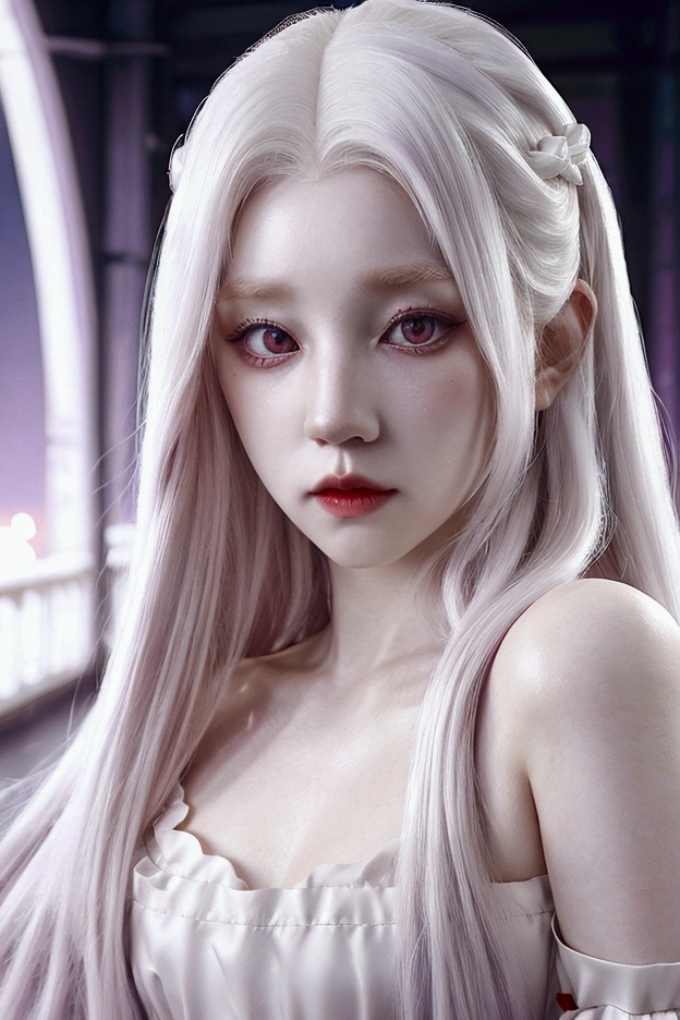 a full body woman with white hair, wearing a purple dress, (G)I-dle, 8k)), red eyes, white skin, red cherry, princess in real life, pale porcelain white skin, realistic portrait, with white hair, soft portrait shot 8 k, artwork in the style of guweiz, red wig, hyper realistic anime, with long white hair, dark red eyes, princess dress, red, purple dress, full body, body complete 