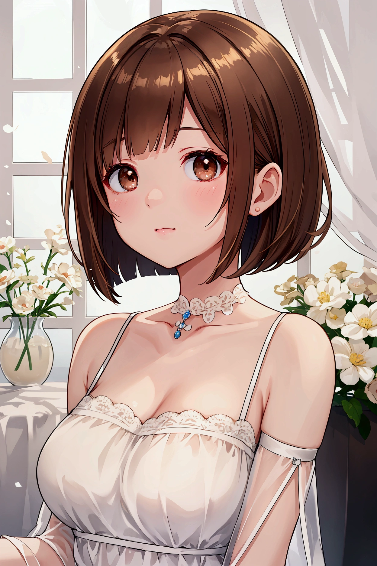 Photorealistic、Highest quality、Highest Resolution、Best Quality、16Ｋ、One woman、Cute face、Delicate face、Bob cut hair、Ash brown hair color、Brown eyes、Delicate eyes、Beautiful Eyes、Beautiful breasts、morning、