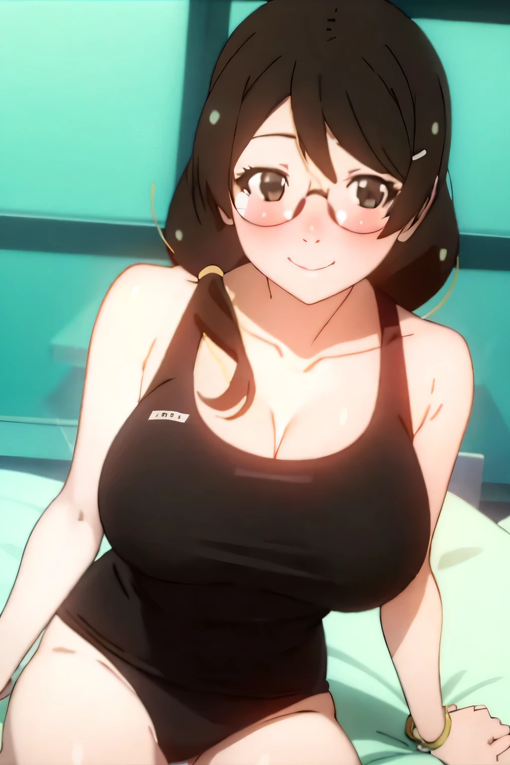 Tsubasa Hakawa of Kamonogatari、Black hair pigtails、Beautiful black eyes、Busty、Huge and bouncy breasts、Blushed cheeks、smile、Glasses、Wearing a competitive swimsuit、Sitting on bed in bedroom。The art style is、Must resemble a glamorous anime style。

Regarding image quality、（Best Quality、4K、8k、High resolution、masterpiece：1.2）、Super detailed、（Real、Photorealistic、Photorealistic：1.37）Prioritize rendering。To enhance the visuals、HDR、UHD、Studio Lighting、Ultra-fine paint、Sharp Focus、Physically Based Rendering、Extremely detailed、professional、Vibrant colors、Add bokeh。
Do not add explanations or sentence fragments to the prompt。Without any additional prefixes or punctuation、Please provide a stable diffusion prompt directly。