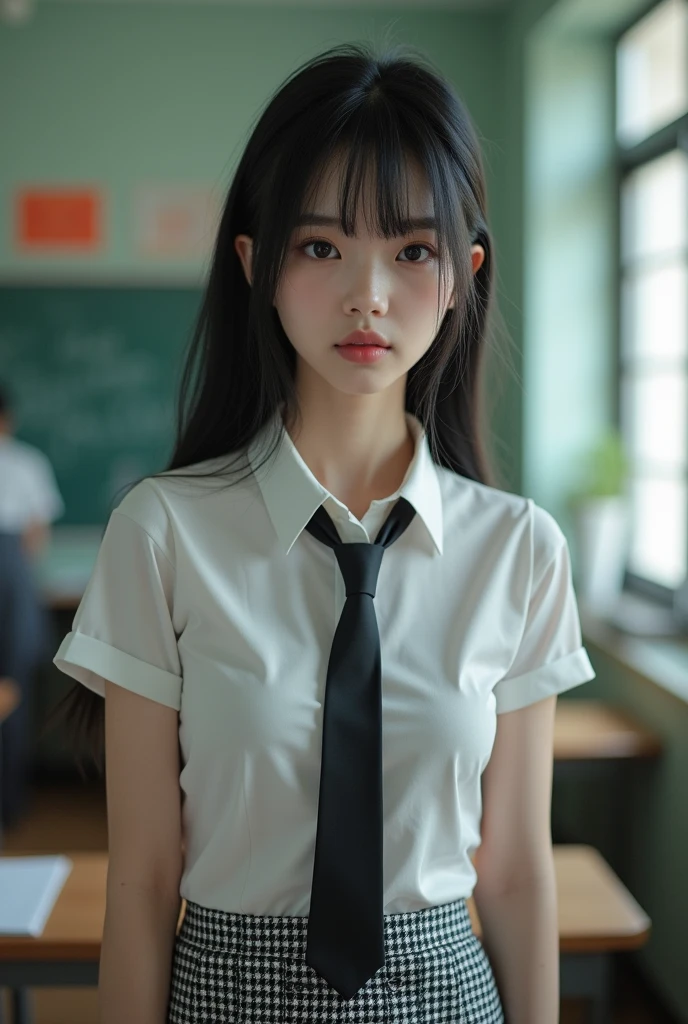 Beautiful girl with realistic black eyes, pale skin, Long black hair, perfect face, perfect eyes, ((Wearing a school uniform)),((A tight shirt with a large opening at the chest)) very detailed, comprehensive movie, digital painting, 8K, cinematic lighting, highest quality, High resolution, Great job!, Post-processing, perfect result, surreal,(((revealing clothes))),big breasts,The background is a classroom,