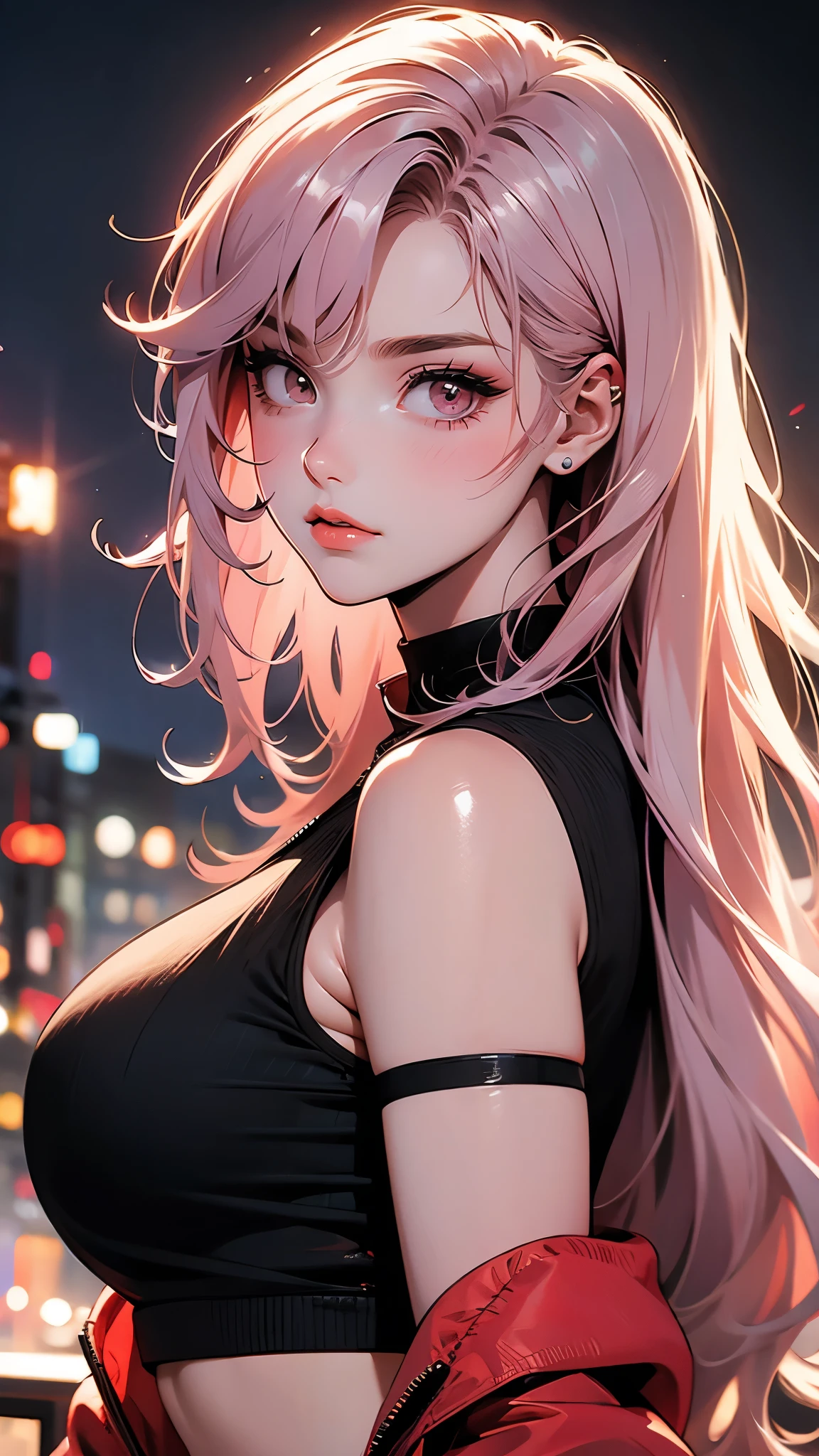 ((Masterpiece)), envision a 8k, highres, cinematic, beautiful close up portrait of a beautiful lady with a large curvy body, strong face, older mature face, long pink hair, side locks, long bangs, pink eyes, bomber jacket, tank top, ((((1girl)))), in dark lighting, against a dark gray background