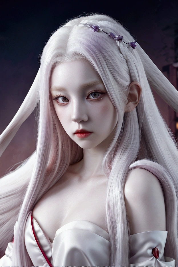 a full body woman with white hair, wearing a purple dress, (G)I-dle, 8k)), red eyes, white skin, red cherry, princess in real life, pale porcelain white skin, realistic portrait, with white hair, soft portrait shot 8 k, artwork in the style of guweiz, red wig, hyper realistic anime, with long white hair, dark red eyes, princess dress, red, purple dress, full body, body complete 