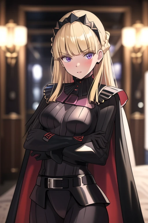 8k,highres,absurdres,masterpiece,best quality,original,extremely detailed CG,extremely detailed wallpaper,perfect lighting,1girl,solo,blurry_background,looking_at_viewer,
AmSW,long hair,blonde hair,black gloves,purple eyes,black hairband,cape,black bodysuit,medium breasts,braid,blunt bangs,