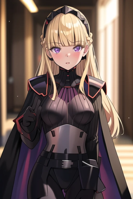 8k,highres,absurdres,masterpiece,best quality,original,extremely detailed CG,extremely detailed wallpaper,perfect lighting,1girl,solo,blurry_background,looking_at_viewer,
AmSW,long hair,blonde hair,black gloves,purple eyes,black hairband,cape,black bodysuit,medium breasts,braid,blunt bangs,