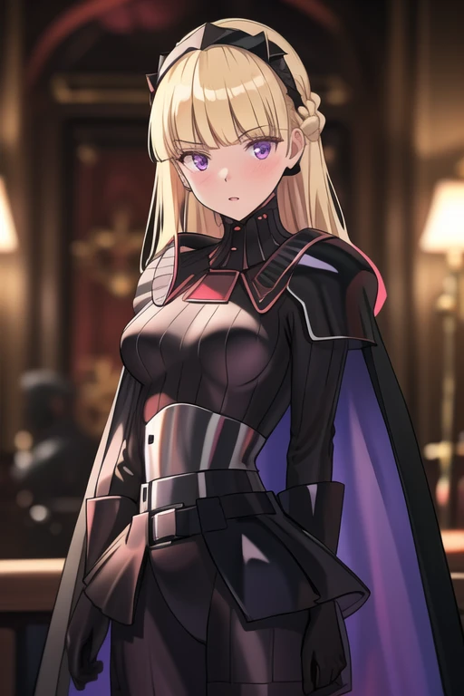 8k,highres,absurdres,masterpiece,best quality,original,extremely detailed CG,extremely detailed wallpaper,perfect lighting,1girl,solo,blurry_background,looking_at_viewer,
AmSW,long hair,blonde hair,black gloves,purple eyes,black hairband,cape,black bodysuit,medium breasts,braid,blunt bangs,