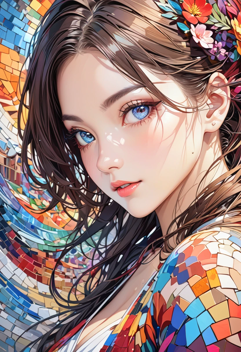 Stunning female portrait made of colorful mosaic murals in high resolution, Winner of numerous awards, masterpiece, High detail, Artwork、