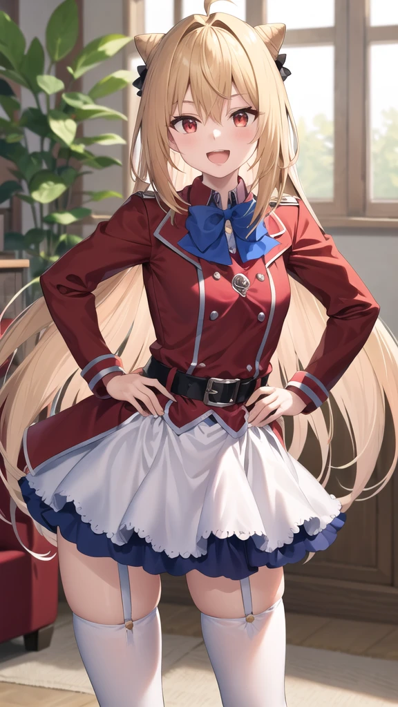 masterpiece, best quality, highres, 1girl, solo, long hair, blonde hair, cone hair bun, hair ornament, hair intakes, ahoge, bangs, red eyes, blue bowtie, red jacket, red coat, long sleeves, belt, white skirt, garter straps, white thighhighs, hand on hip, smile, open mouth,