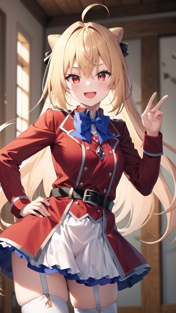 masterpiece, best quality, highres, 1girl, solo, long hair, blonde hair, cone hair bun, hair ornament, hair intakes, ahoge, bangs, red eyes, blue bowtie, red jacket, red coat, long sleeves, belt, white skirt, garter straps, white thighhighs, hand on hip, smile, open mouth,