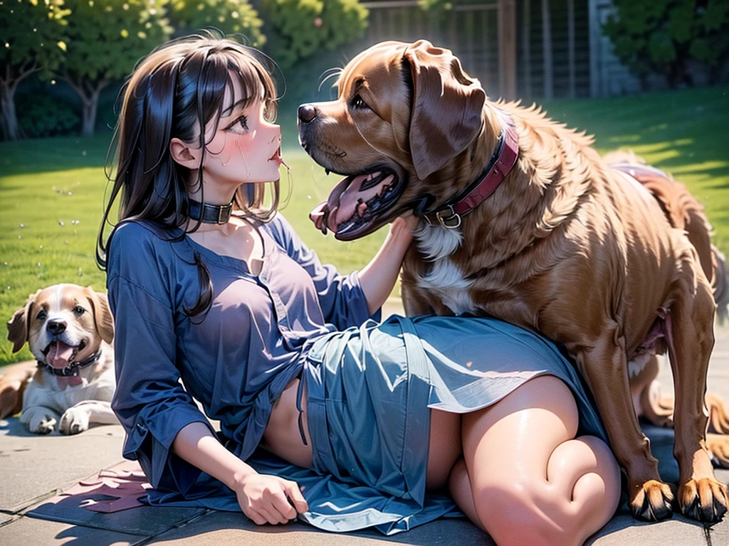 (8k, raw photo, masterpiece, extremely detailed, best quality, detailed face, ultra high quality, close up models), nsfw, (beautiful and adorable girl), 1 girl, beastiality, bitch, lewd, blush, strange sexual preferences, abnormal, silly situation, (the girl is looking up the dog, the dog and the girl is looking at each other, the dog and the girl are making eye contact each other:1.3), BREAK (a girl is begging the dog desperately to have sex with herself, a girl wants to have sex with the dog, she is desperately talking to the dog, she is facing to the dog, she very loves the dog as the opposite sex:1.5), (she has a very strong desire to have sex with the dog, she is dying to have sex with dog, she can't control her sexual desire:1.5), BREAK wide opened mouth, (sweat drops), (pussy jucie, love juice), tear drops, tits, nipples, pussy, the girl wearing a collar, (pubic hair:1.3), partially nude, sexual arousal, estrus, lust, single-minded, shouting, BREAK (ingratiating, groveling, the girl is ingratiating herself with the dog, (the dog is superior to the girl, the girl is a slave of the dog, she is a pet of the dog, she is submitting to the dog, she seriously believes that the dog is her master:1.2), she is prostrating herself before the dog:1.5), obsequious, tear-filled eyes, (desperation, desperately sexual appeal, she is sexual appealing to the dog:1.3), desperately miserable, BREAK outdoor, BREAK (1 dog, dog, big dog, male dog, the dog is not wearing collar:1.2), (the dog is looking down the girl with wondering expression, the dog prostrates the girl, the dog keeps the girl as a pet:1.5)