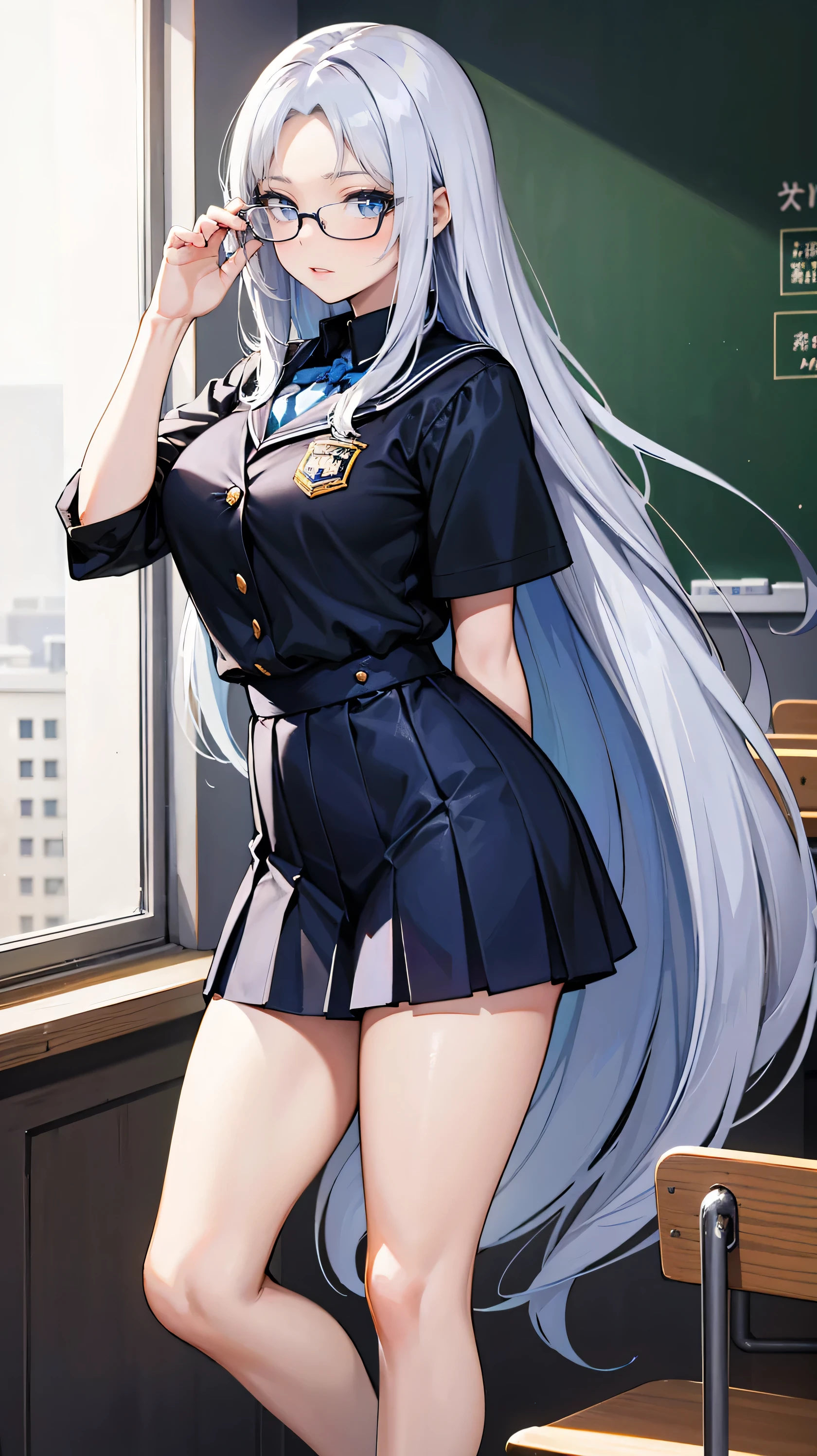 Create an anime-Style illuStration of a 18--old l named Shizuka. She haS long, Straight, blue hair with bangS cut Straight acroSS her forehead. She haS large, almond-Shaped Silver-blue eyeS and porcelain-like white Skin. Shizuka often wearS glaSSeS.Expressive eyes, one person, Pale skin, Long Hair, Windblown Hair, ((abSurdly Long Hair)), Sexy Body, high school girl、classroom、Short navy blue pleated skirt