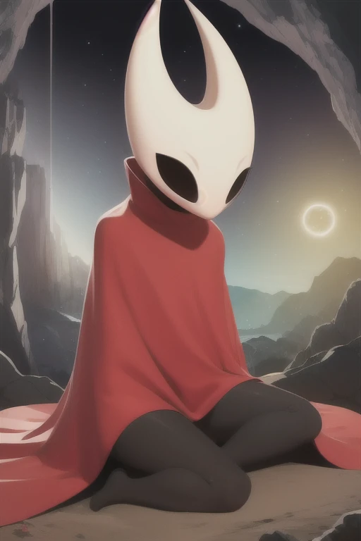 hornet, cute, chibi, no feet, furry female, anthro, thread, sitting, solo, cape, red cloak, (best quality), (detailed dark cave background:1.2), looking at viewer, flat colors, 