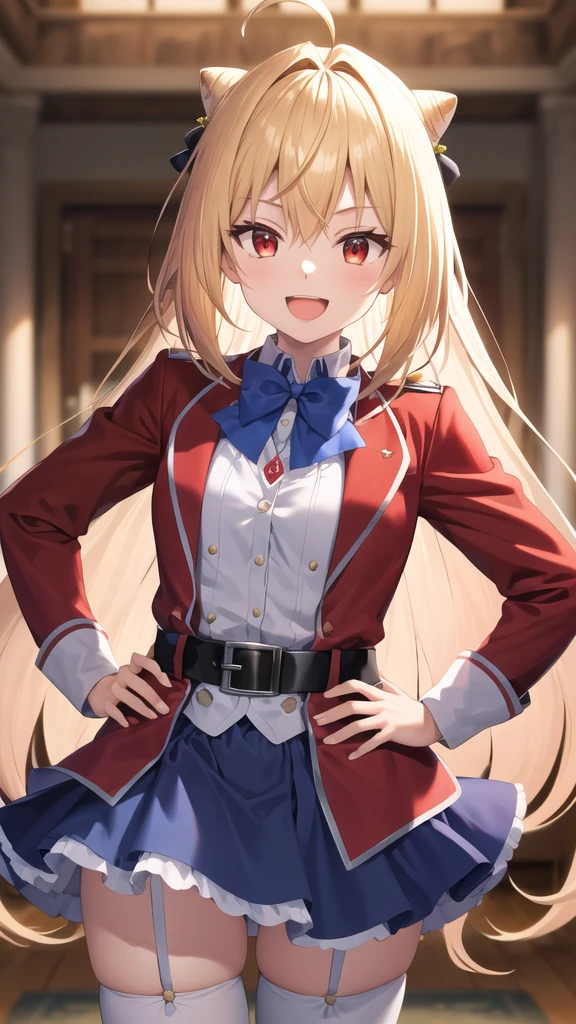 masterpiece, best quality, highres, 1girl, solo, long hair, blonde hair, cone hair bun, hair ornament, hair intakes, ahoge, bangs, red eyes, blue bowtie, red jacket, red coat, long sleeves, belt, white skirt, garter straps, white thighhighs, hand on hip, smile, open mouth,