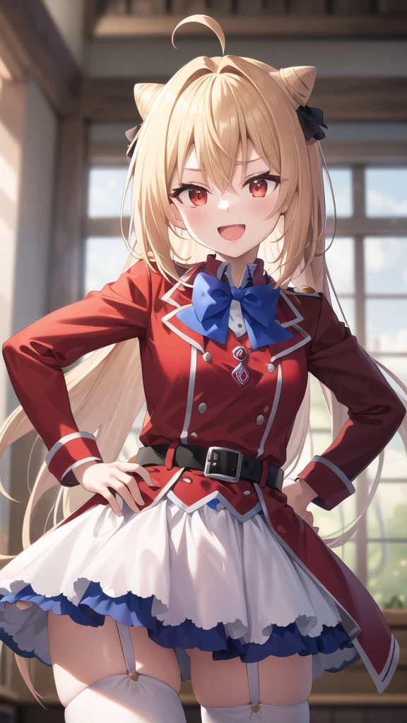 masterpiece, best quality, highres, 1girl, solo, long hair, blonde hair, cone hair bun, hair ornament, hair intakes, ahoge, bangs, red eyes, blue bowtie, red jacket, red coat, long sleeves, belt, white skirt, garter straps, white thighhighs, hand on hip, smile, open mouth,