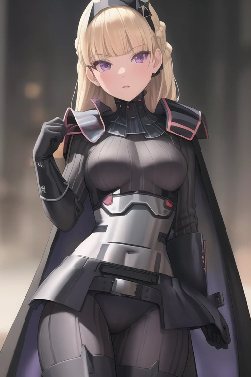 8k,highres,absurdres,masterpiece,best quality,original,extremely detailed CG,extremely detailed wallpaper,perfect lighting,1girl,solo,blurry_background,looking_at_viewer,
AmSW,long hair,blonde hair,black gloves,purple eyes,black hairband,cape,black bodysuit,medium breasts,braid,blunt bangs,