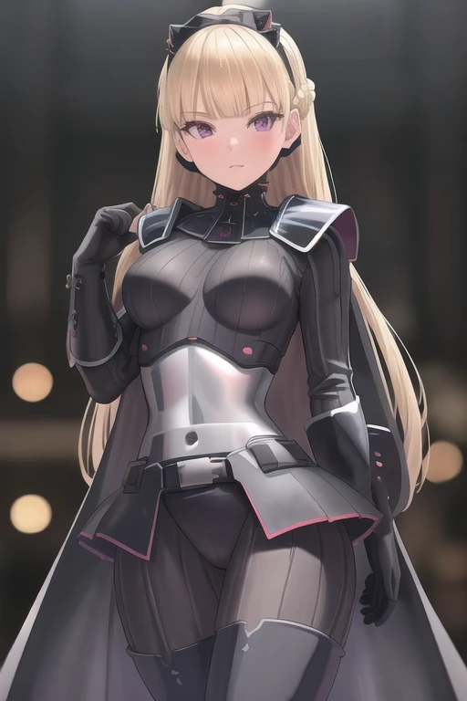 8k,highres,absurdres,masterpiece,best quality,original,extremely detailed CG,extremely detailed wallpaper,perfect lighting,1girl,solo,blurry_background,looking_at_viewer,
AmSW,long hair,blonde hair,black gloves,purple eyes,black hairband,cape,black bodysuit,medium breasts,braid,blunt bangs,