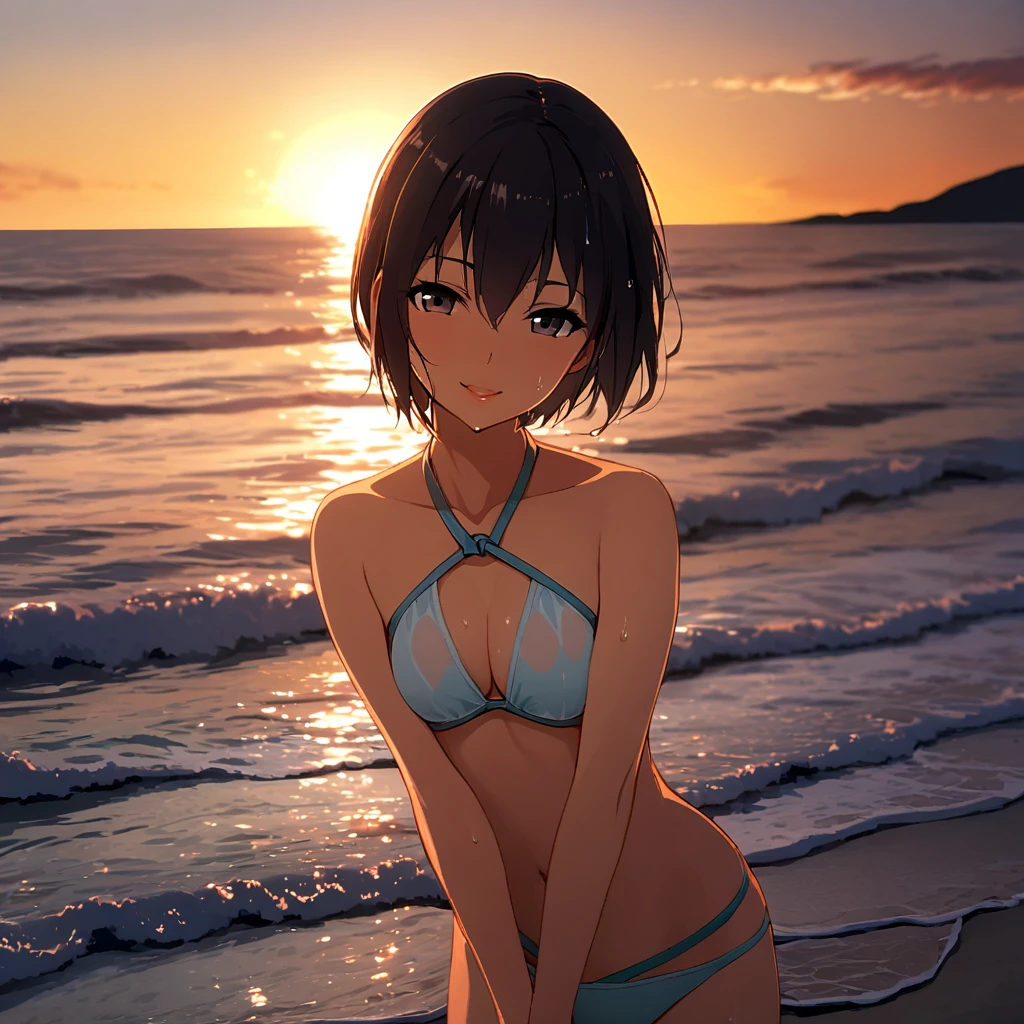 masterpiece, (Alone:2), (1 horny girl:1.5), (Short Hair), (Black Hair), (whole body), (Light colored bikini), (Mid-chest), smile, sweat, (Wet Hair), (Wetsuits), (Release your lips), (Swimming in the ocean), (Summer beach), sunset, Seductive pose, Crotch,