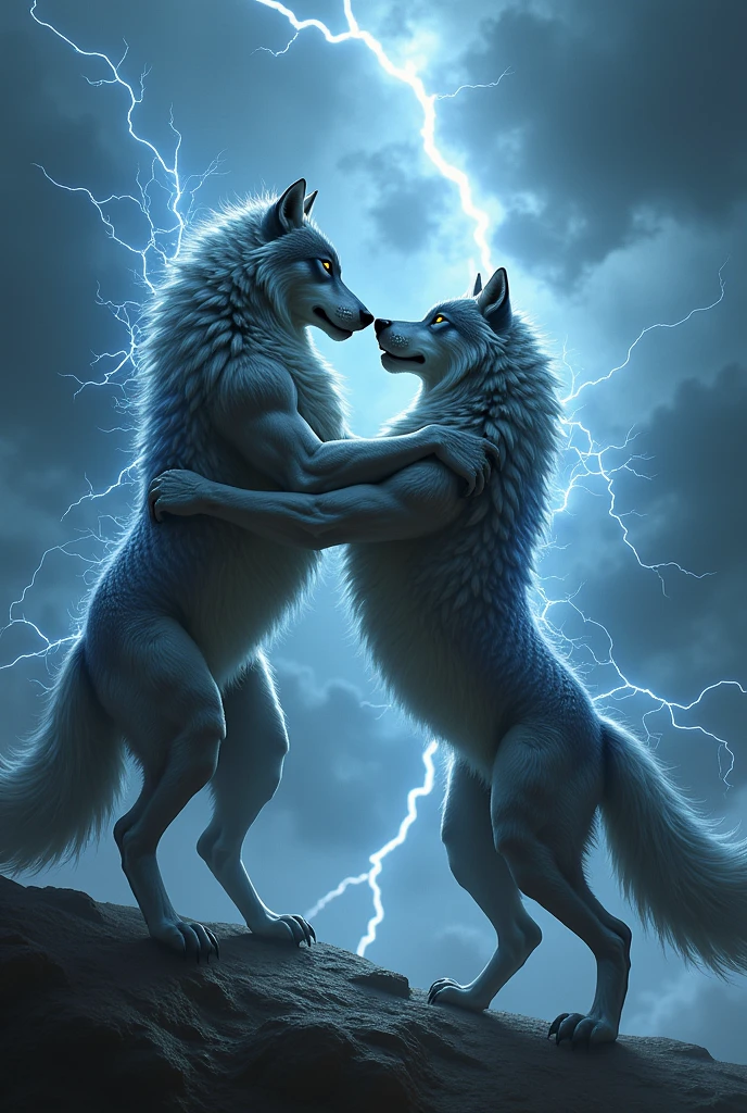 (Detailed description of Lobo, a muscular and furry anthropomorphic wolf:)
Lobo, a rugged and powerful middle-aged wolf with a muscular build, gazes up at the silvery Full Moon with unyielding fascination. His piercing aqua blue eyes gleam in the night, mirroring the ethereal brilliance of Luna. The delicate fur on his face, a mix of light and dark hues, is matted down slightly as he tilts his head, exposing his distinguished black beard. His expression is one of quiet admiration, a slight smile gracing his expressive lips. His form-fitting blue pants and white shirt cling