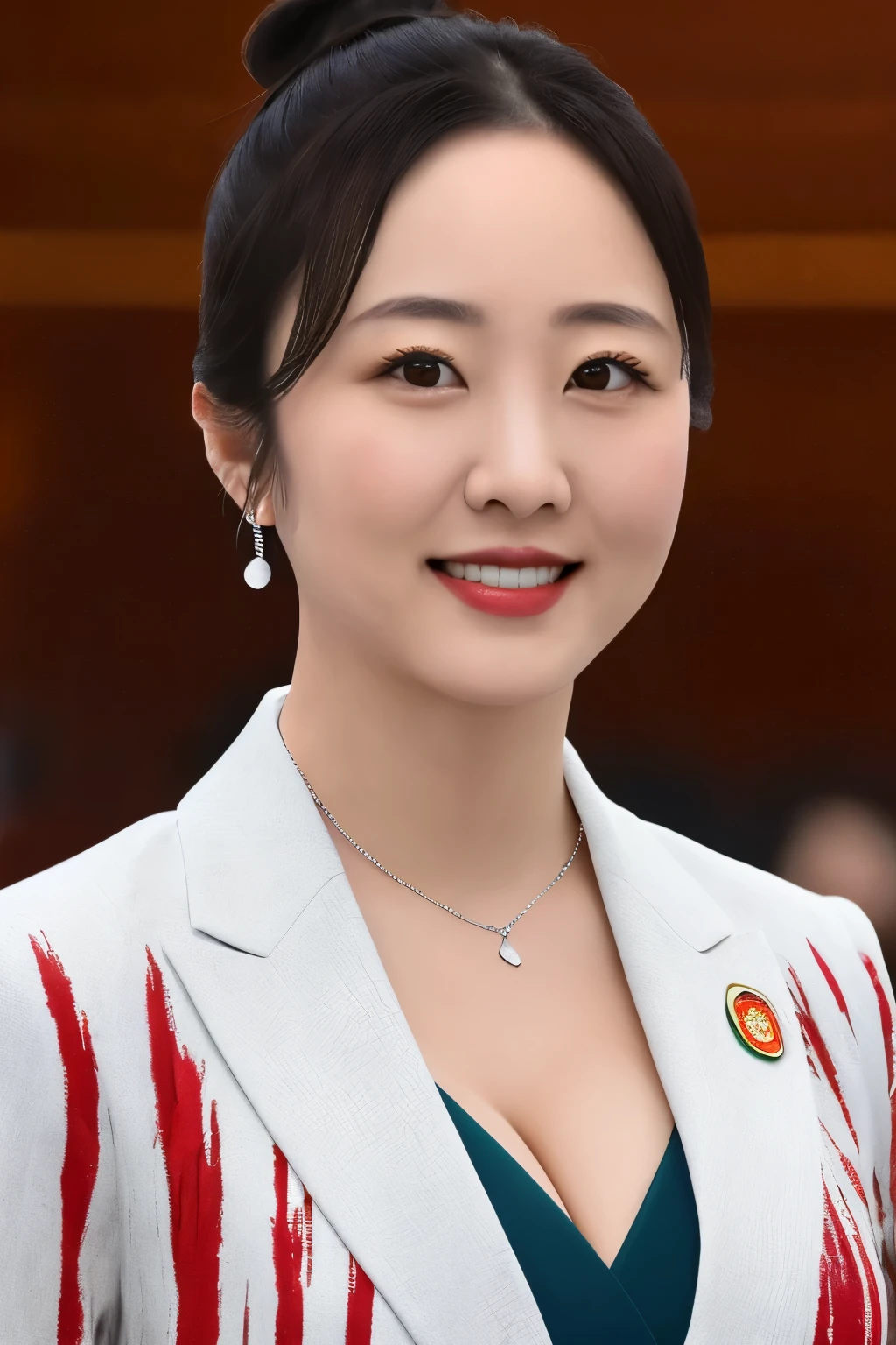 ((UHD)), textured skin, super detail, (high details), (high quality),Detailed depiction of eyes and face, 8k, 1girl, sexy, (SFW:1.0), realistic,(1japanese woman politician:1.2), Japanese beautiful woman (black hair:0.9), (messy bun hair:1.4), smile, depth of field, (cleavage:1.0), red jacket, white suit, parliament badge, silver necklace, earrings, real skin, (sagging breasts:1.0), (big breasts:1.5), mole under eye, in parliament, in congress, in senate, meeting, indoors