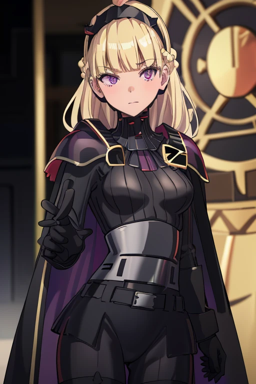 8k,highres,absurdres,masterpiece,best quality,original,extremely detailed CG,extremely detailed wallpaper,perfect lighting,1girl,solo,blurry_background,looking_at_viewer,
AmSW,long hair,blonde hair,black gloves,purple eyes,black hairband,cape,black bodysuit,medium breasts,braid,blunt bangs,