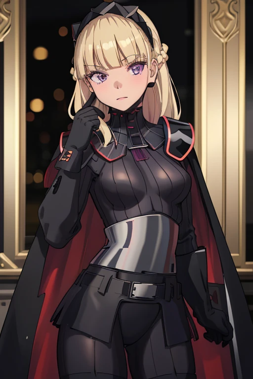 8k,highres,absurdres,masterpiece,best quality,original,extremely detailed CG,extremely detailed wallpaper,perfect lighting,1girl,solo,blurry_background,looking_at_viewer,
AmSW,long hair,blonde hair,black gloves,purple eyes,black hairband,cape,black bodysuit,medium breasts,braid,blunt bangs,