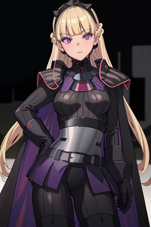 8k,highres,absurdres,masterpiece,best quality,original,extremely detailed CG,extremely detailed wallpaper,perfect lighting,1girl,solo,blurry_background,looking_at_viewer,
AmSW,long hair,blonde hair,black gloves,purple eyes,black hairband,cape,black bodysuit,medium breasts,braid,blunt bangs,