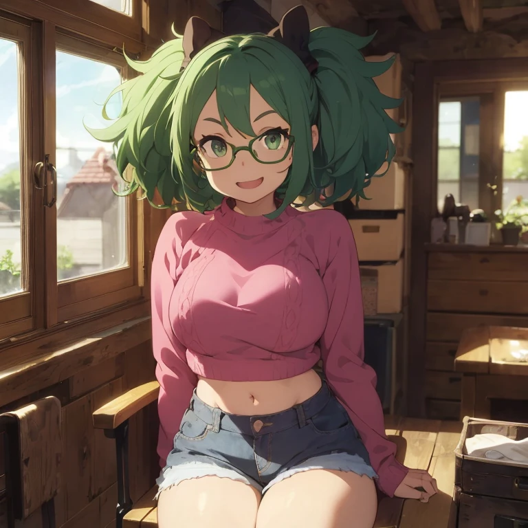 1 female, green hair, afro hair, black girl afro hair, green eyes, darker skin, brown skin, afro black skin, freckles, huge breast, thick legs, pink sweater, blue jean, short short, belly button long shirt, black boots, boots, glasses, home, bedroom, sunset, happy face, smile, belly button long shirt, sexy pose, open mouth, sitting down, in the chair, thick ass, ass