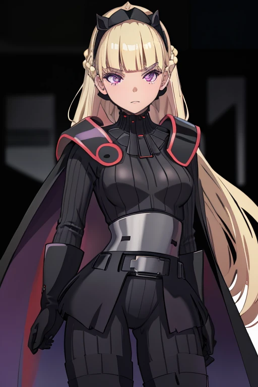 8k,highres,absurdres,masterpiece,best quality,original,extremely detailed CG,extremely detailed wallpaper,perfect lighting,1girl,solo,blurry_background,looking_at_viewer,
AmSW,long hair,blonde hair,black gloves,purple eyes,black hairband,cape, cape under shoulders, black bodysuit,medium breasts,braid,blunt bangs,