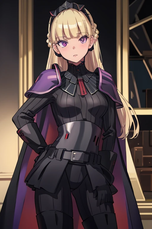 8k,highres,absurdres,masterpiece,best quality,original,extremely detailed CG,extremely detailed wallpaper,perfect lighting,1girl,solo,blurry_background,looking_at_viewer,
AmSW,long hair,blonde hair,black gloves,purple eyes,black hairband,cape, cape under shoulders, black bodysuit,medium breasts,braid,blunt bangs,