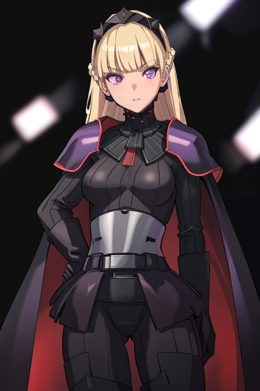 8k,highres,absurdres,masterpiece,best quality,original,extremely detailed CG,extremely detailed wallpaper,perfect lighting,1girl,solo,blurry_background,looking_at_viewer,
AmSW,long hair,blonde hair,black gloves,purple eyes,black hairband,cape, cape under shoulders, black bodysuit,medium breasts,braid,blunt bangs,