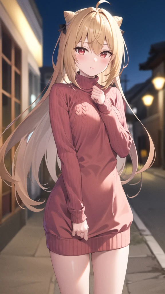 masterpiece, best quality, highres, 1girl, solo, long hair, blonde hair, cone hair bun, hair ornament, hair intakes, ahoge, bangs, red eyes,sweater dress, turtleneck, virgin killer sweater, standing, outdoors, night