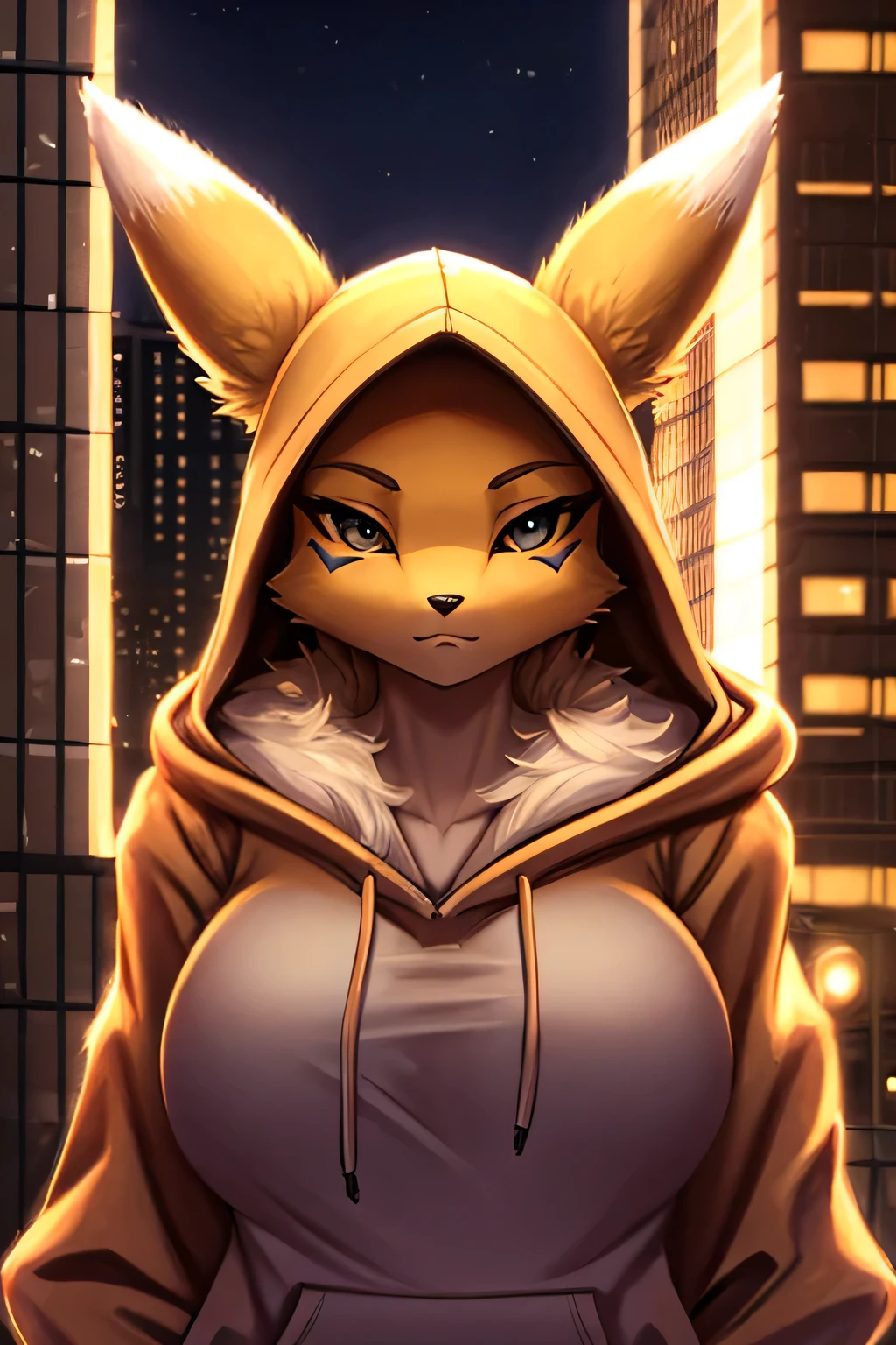 renamon, furry female, anthro, fox girl, portrait, close-up,  (hoodie:1.2),  fur trim, solo, (body fur:1.2), (best quality), (detailed urban background:1.2), dramatic lighting, (detailed fluffy fur:1.1), looking at viewer, Big breasts, 