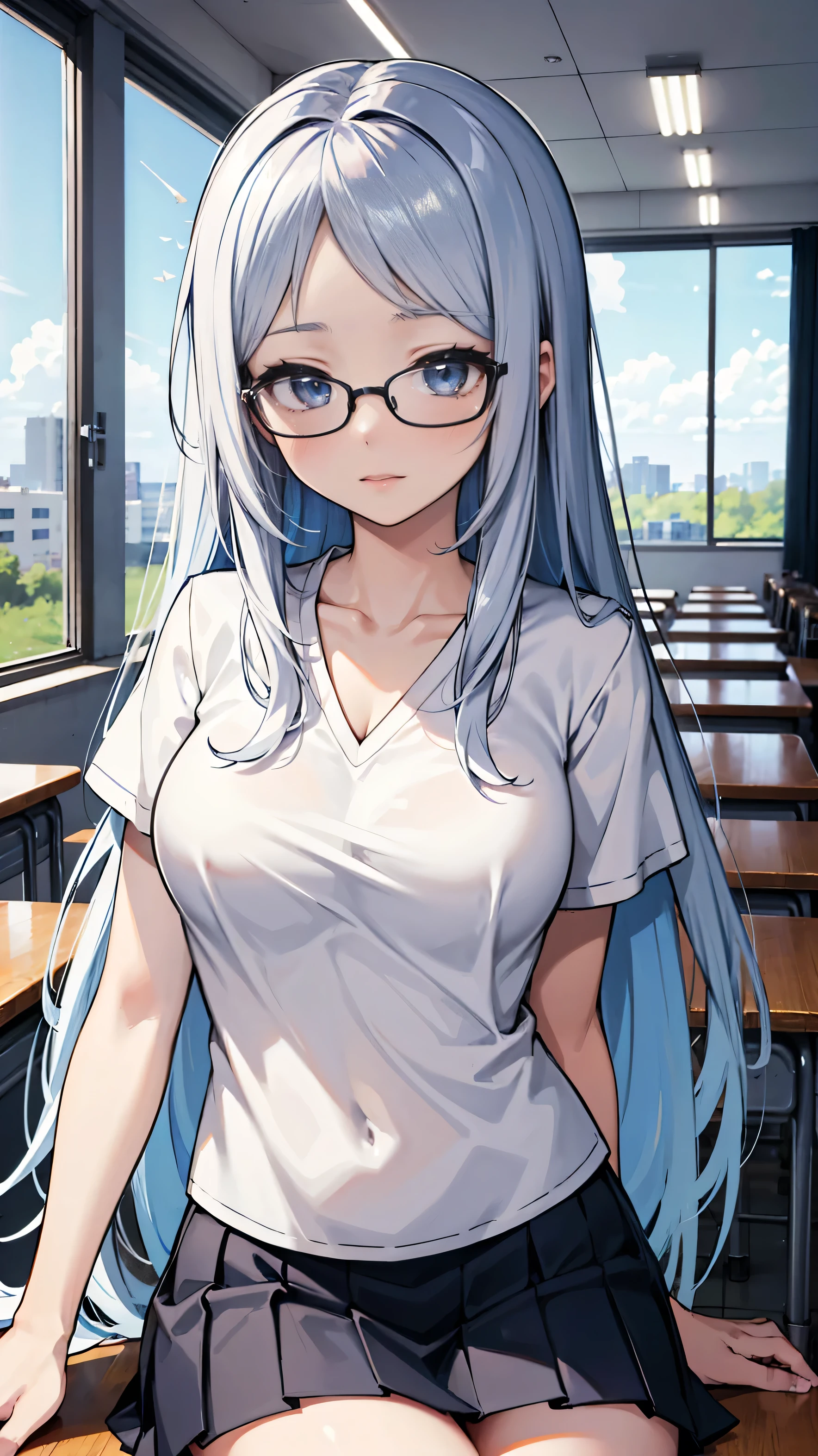 Create an anime-style illustration of a 17-year-old girl named Shizuka. She has long, straight, blue hair with bangs cut straight across her forehead. She has large, almond-shaped silver-blue eyes and porcelain-like white skin. Shizuka often wears glasses.Getting ready in the morning、Super big breasts、While changing into uniform、Inside the room