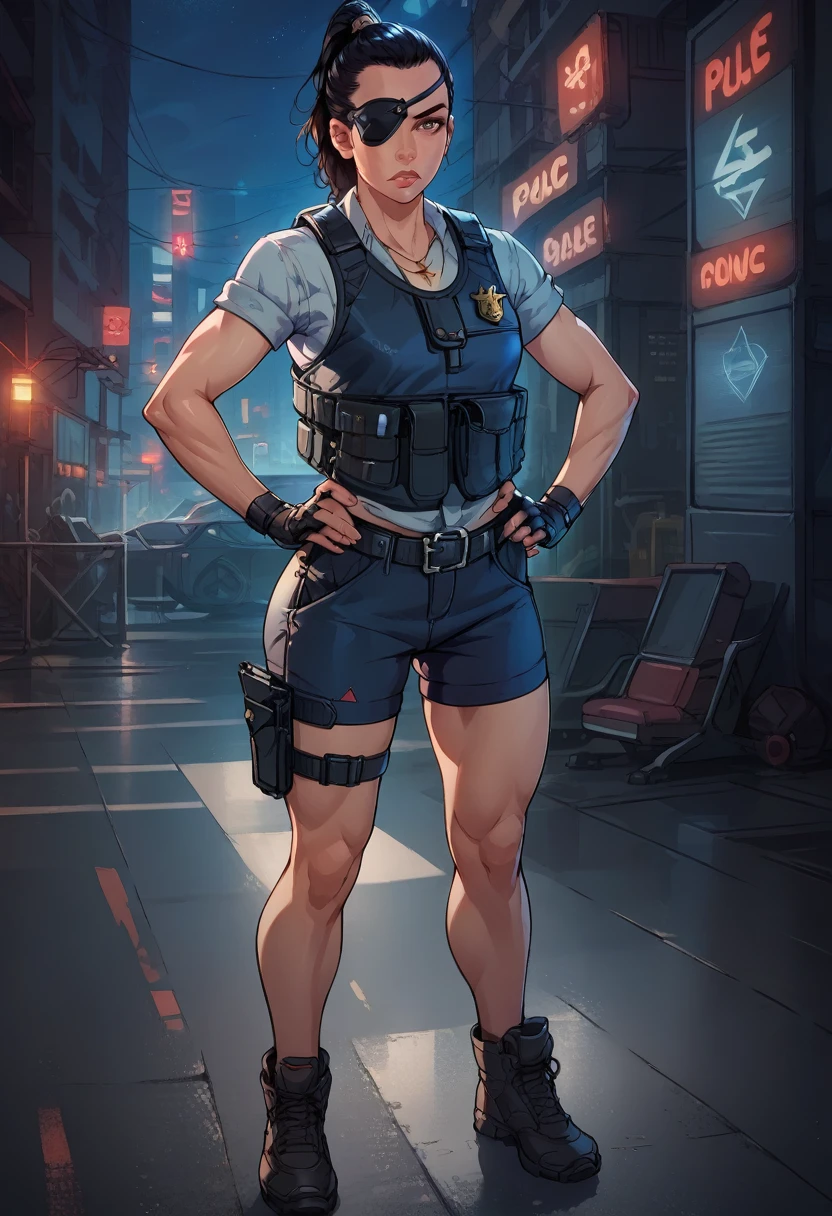 score_9,score_8_up,score_7_up, Regina,brown eyes, beautiful face, pinkish lips, black eyepatch on right eye,black hair,ponytail,undercut, small breasts, fit toned body, wide curvy hips, big ass, tucked in shirt,vest,cross necklace, fingerless gloves, gym shorts, holsters, waist belt, belt with pouches, night,police office,science fiction,standing, serious expression, hands on hips, looking at viewer, from front, solo, full body