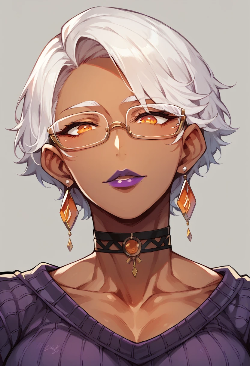 ((masterpiece)), 1woman, adult, milf, muscular body, orange eyes, (glasses),purple lipstick, choker, earrings, white hair, short hair, (dark skin:1.8), wearing collarless sweater, close-up on the character
