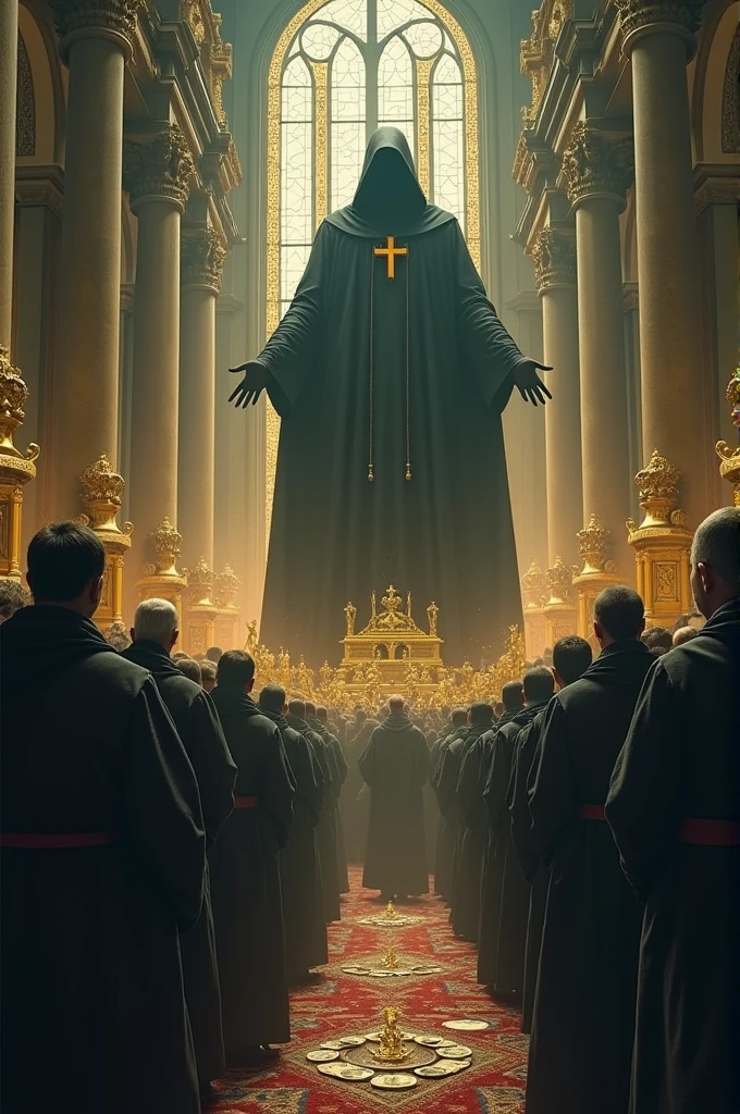 Soldiers of a war kneeling before the image of a virgin in a cathedral