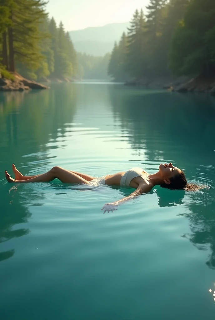 There is a man lying on a dock with a dog in the water, floating in a powerful zen state, body in water, inspired by Ren Hang, Lying in a summary, by Jan Rustem, in ren style hang, in a lake, lying down, Ryan McGinley, in a lake, full body photography, dramatic floating pose, Floating in the water