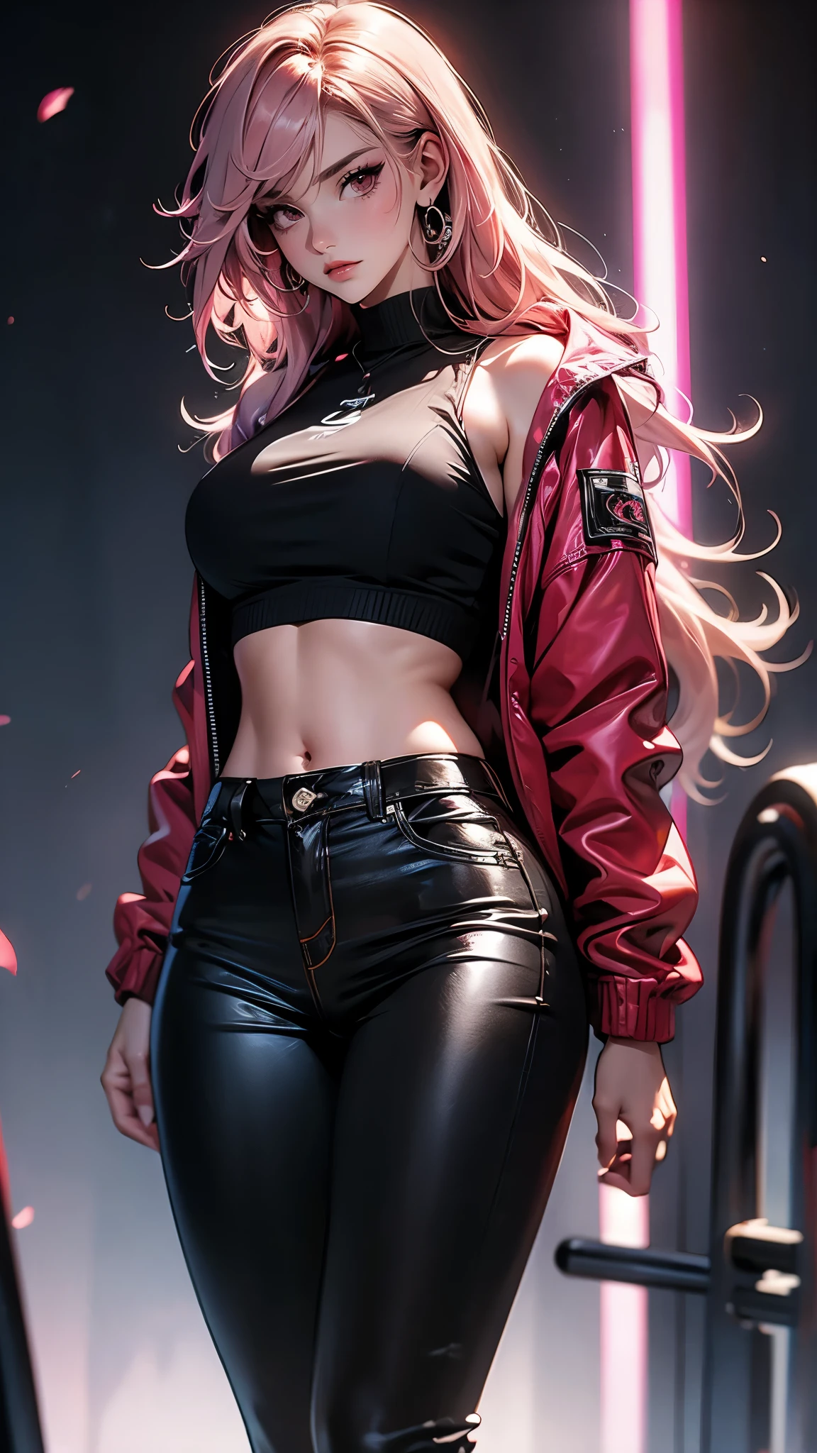 ((Masterpiece)), envision a 8k, highres, cinematic, beautiful full body pinup of a beautiful lady with a slender curvy body, strong face, older mature face, long pink hair, side locks, long bangs, pink eyes, bomber jacket, tank top, jeans, ((((1girl)))), in dark lighting, against a dark gray background