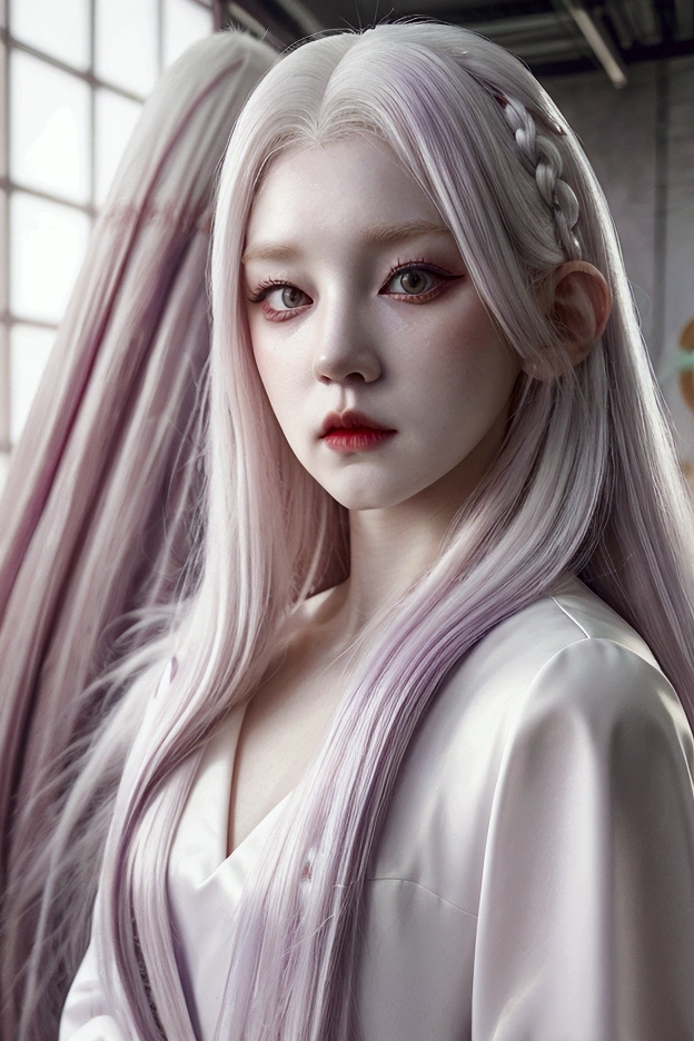 a full body woman with white hair, wearing a purple dress, (G)I-dle, 8k)), red eyes, white skin, red cherry, princess in real life, pale porcelain white skin, realistic portrait, with white hair, soft portrait shot 8 k, artwork in the style of guweiz, red wig, hyper realistic anime, with long white hair, dark red eyes, princess dress, red, purple dress, full body, red details