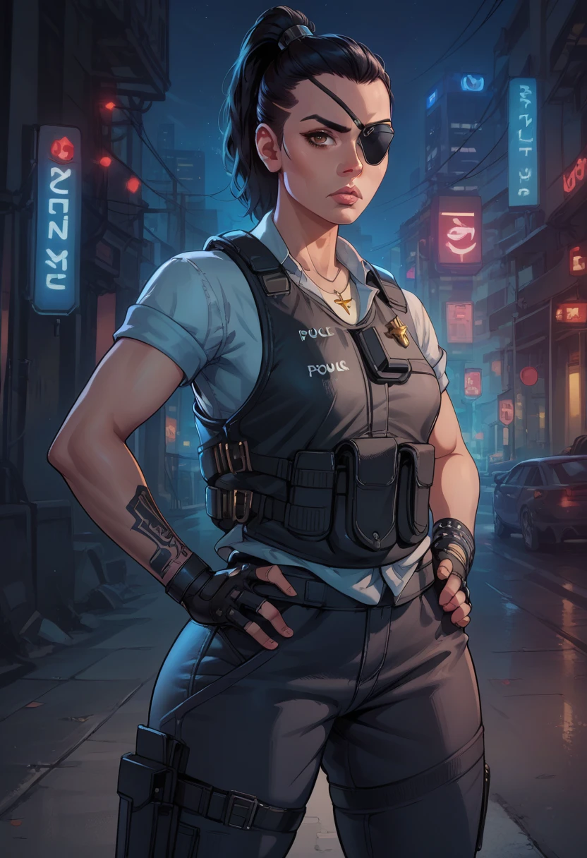 score_9,score_8_up,score_7_up, Regina,brown eyes, beautiful face, pinkish lips, black eyepatch on right eye,black hair,ponytail,undercut, small breasts, fit toned body, wide curvy hips, big ass, tucked in shirt,vest,cross necklace, fingerless gloves, underwear, holsters, waist belt, belt with pouches, night,police office,science fiction,standing, serious expression, hands on hips, looking at viewer, from front, solo, full body