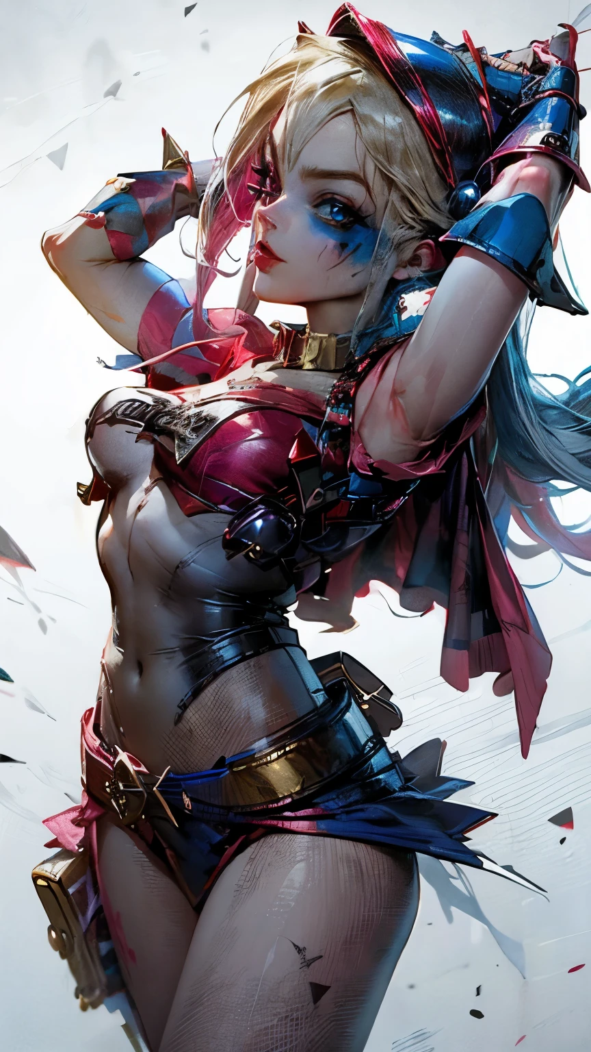 Dark magician Gils dressed as Harley Quinn. She has blonde and black hair. blue eyes. red lips. Dark magician girl is dressed as Harley Quinn. Sensual and innocent pose. Circus and magic background.