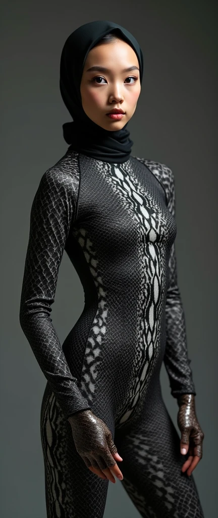 The beautiful,thin and prettiest asian muslimah adult girl with beautiful cheeks wears grey pythonprint lycra footed turtleneck unitard catsuit covered with patterns and python print lycra elastane stretchy dancewear hijab covered with patterns.