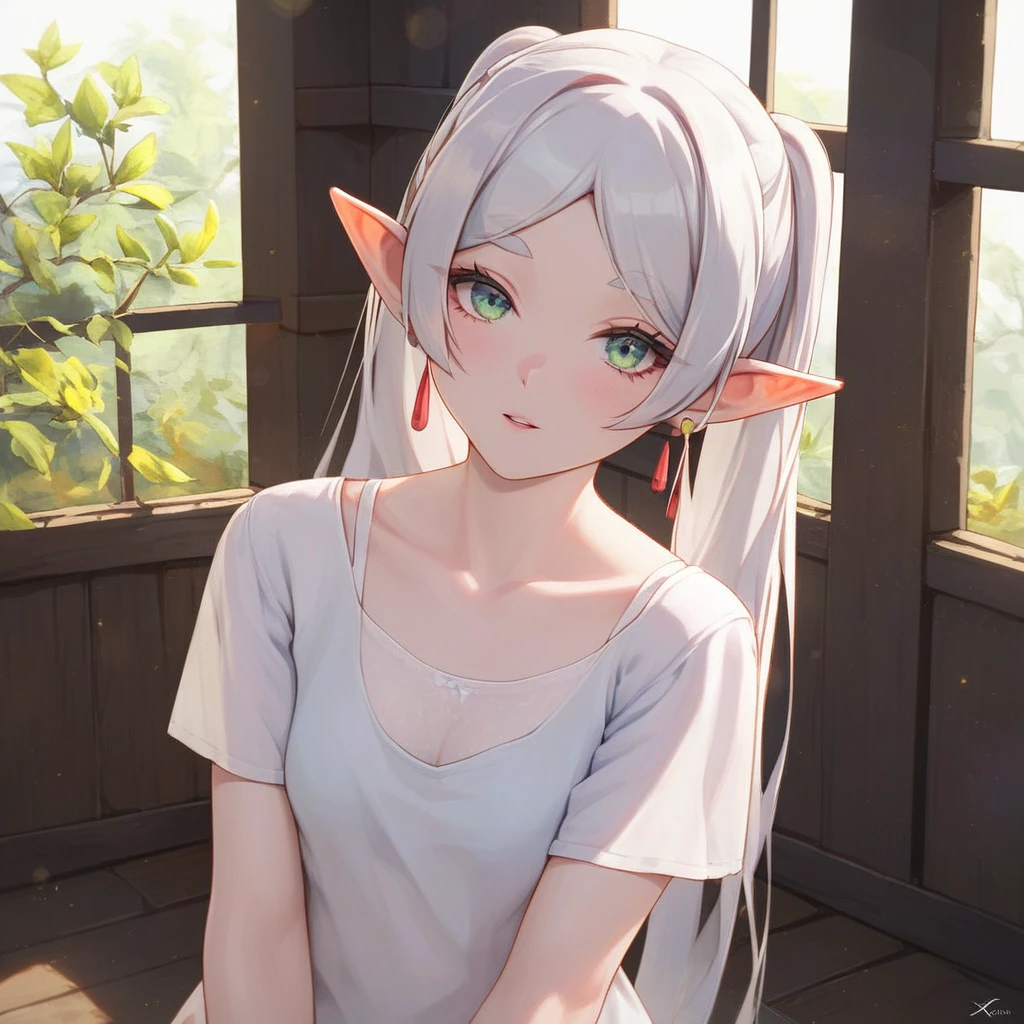 frieren, green eyes, white hair, 1girl, 4k, hd, room, looking at the viewer, repaired eyes, correct anatomy, natural colors, anime, artgrem, from front, standing, marvelous, long hair, white camisole, pointy ears