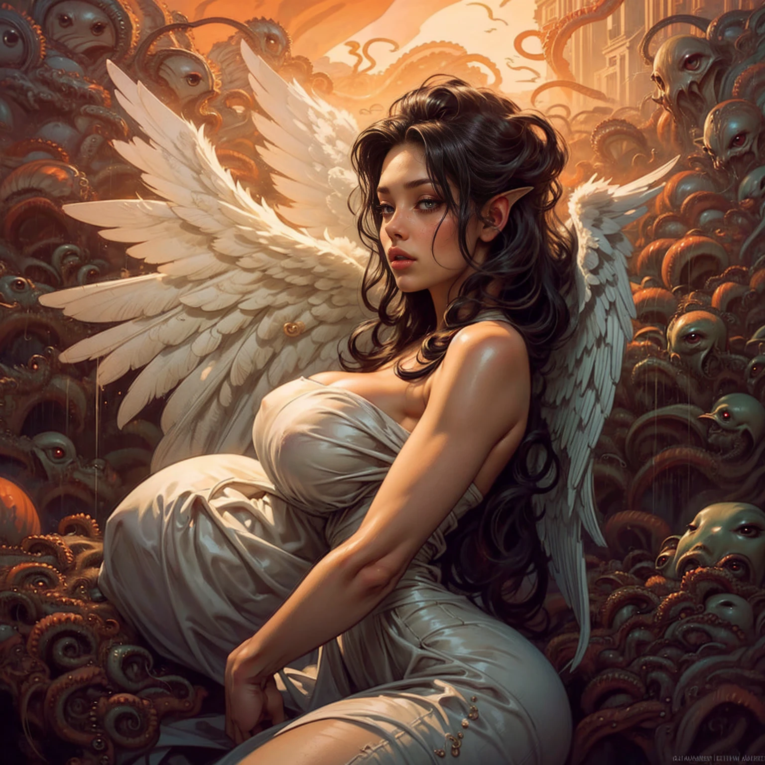 (Anna Ralphs) (Masterpiece, best quality: 1.2), a girl with phoenix wings standing in a ring of fire, with glowing red eyes, phoenix, lotus flowers, red gold pink, sunrise from mountain at the background (Nsfw) 