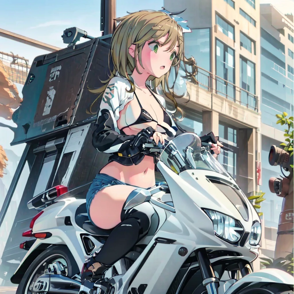 masterpiece,One girl,8k,Building city background,motorcycle,motorcycleにまたがっている,motorcycleに乗っている,アメリカンスタイルのmotorcycle,ホンダのmotorcycle,Honda Rebel 250,メタリックブルー色のmotorcycle,blush,Light brown hair,Semi-long hair,Light green eyes,topless, (Denim shorts black bikini:1.3),sideboob,Big Breasts,Cleavage,Erect nipples,Denim shorts,Facing forward,NSFW